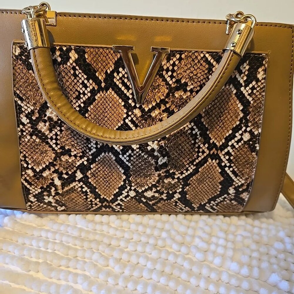 Grossi Brown Snake Print Small Handbag with Gold Hardware